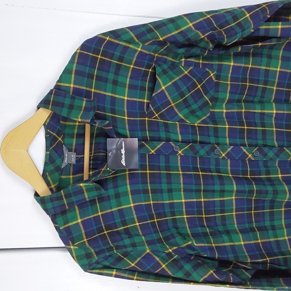 Eddie Bauer |Mens Green/ Blue Plaid Pocket Flannel Shirt Button Down Preppy XL